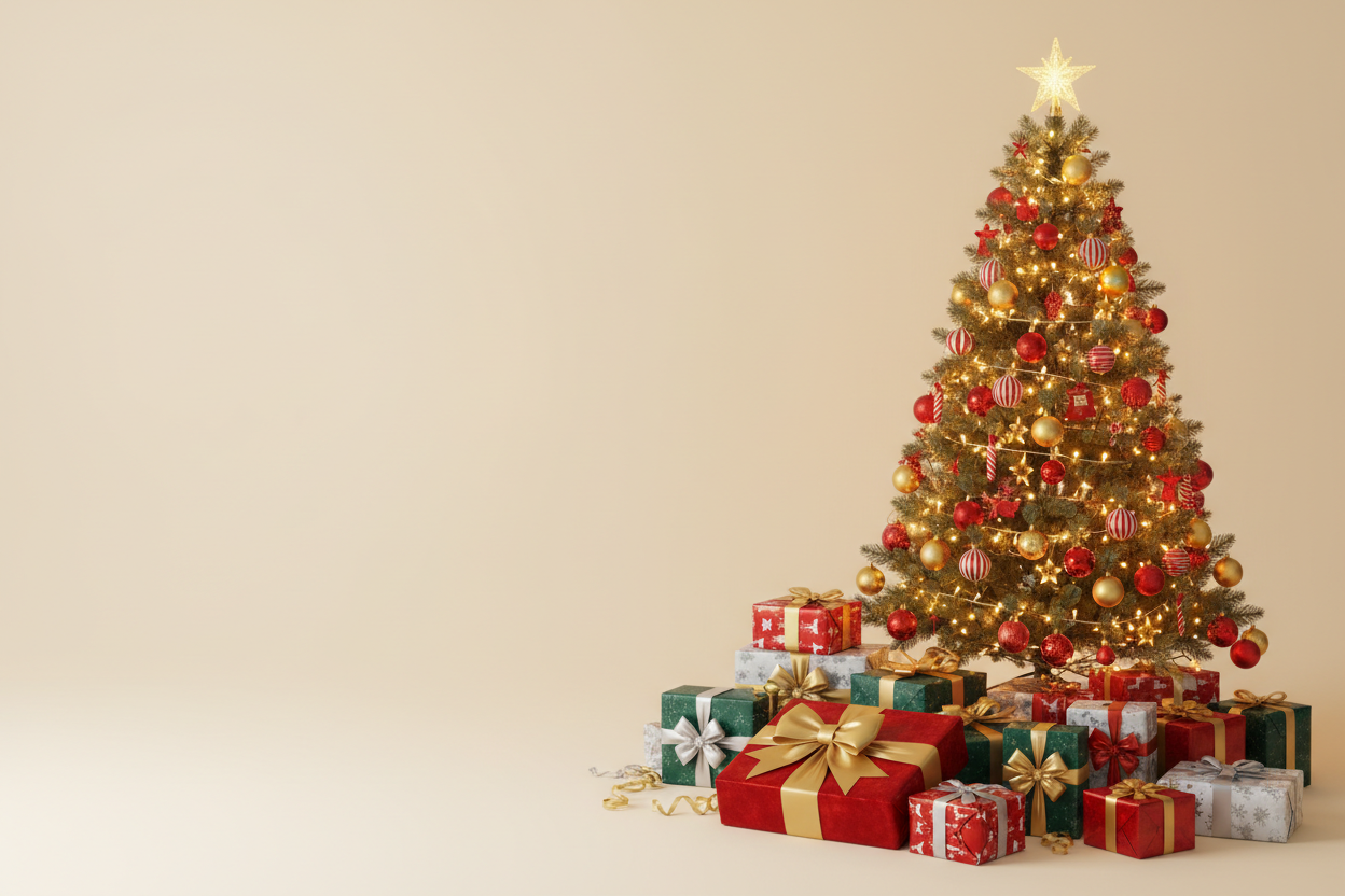 sur un fond claire, sur la droite de l'image se trouve des cadeaux de noel et un sapin